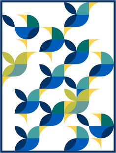 a blue, yellow and green pattern with leaves in the center on a white background