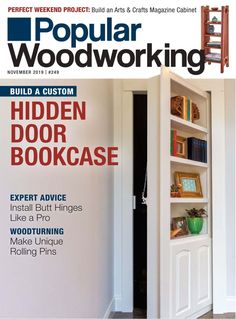 the front cover of popular woodworking magazine, featuring an open door and bookshelf