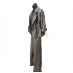 Dark Gray| Textured| Recycled Acrylic Metallic Lana Material| Quarter Sleeve| Suit| Blazer And Pants Set| Size: M| 2 Pant Pockets| 2 Blazer Pockets| V Cut| Button Up Blazer| Fitted Spring Linen Suit With Button Closure, Chic Tailored Linen Pantsuit, Linen Pantsuit With Notch Lapel For Office, Chic Tailored Pantsuit With Buttons, Fitted Pant Set With Pockets For Work, Spring Workwear Pant Set With Button-up, Chic Linen Pantsuit With Notch Lapel, Spring Button-up Pant Set For Work, Elegant Linen Pantsuit With Pockets