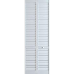 a tall white door with shutters on the front and side panels, against a white background