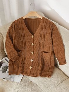 Plus Size Women's Autumn & Winter Loose Fit Cardigan Sweater With Diamond Patterns And Pockets Brown Casual  Long Sleeve Knitwear Plain  Slight Stretch  Women Plus Clothing, size features are:Bust: ,Length: ,Sleeve Length: Fitted Cardigan, Plus Size Cardigans, Color Block Top, Boho Women, Black And White Colour, Fitted Sweater, Kids Sleepwear, Kids Beachwear, Womens Fall