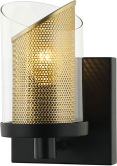 Black / Gold Finish Measures 4.75 inches wide, 7.5 inches tall, 4.75 inches deep Uses 1 60w Candelabra bulb(s) (not included) or LED equivalent Dimming: Yes Clear Angled Glass with Mesh 40% Off While Supplies Last; Prices Already Reduced Item Cannot Be Returned Gold Wall Lights, Indoor Wall Sconces, Modern Wall Sconces, Metal Mesh, Candelabra Bulbs, Light Project, Glass Lamp, Indoor Lighting