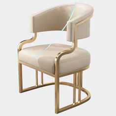 a white chair with gold frame and leather upholstered back, on a white background