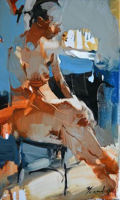 an abstract painting of a woman sitting on a chair