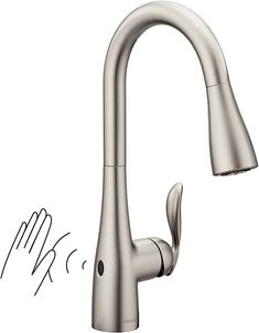 a kitchen faucet with the side sprayer pointing up to it's left hand