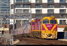 a yellow and pink train traveling past tall buildings