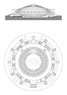 an architectural plan and section view of the stadium's seating area, from top to bottom