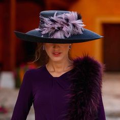 This black or pink hatinator is totally handmade by us. This ivory fascinator is decorated with feathers in purple color. This wedding guest hat could be customized to taste. Imagine wearing this saucer hat in weddings, special events and races! You will look amazing with this felt hat! DETAILS - The design can be totally customized to taste. We have various colors of sinamay silk  abaca fabric as well as a wide variety of natural preserved flowers, leaves and feathers. If you don't see your ide Fitted Top Hat For Church And Royal Ascot, Fitted Flat Brim Top Hat For Church, Elegant Fitted Costume Hats For Weddings, Elegant Fitted Mini Hats For Church, Wide Brim Fascinator For Church, Fitted Top Hat With Flat Brim For Evening, Elegant High Crown Headpiece For Church, Fitted Brimmed Straw Hat For Evening, Formal Fitted Wide Brim Headpiece