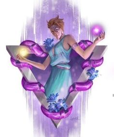 a woman in a blue dress holding a crystal ball and purple ribbon around her neck