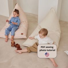 two young children playing on bean bags in the living room, with text overlay that reads pdf sewing photo tutor