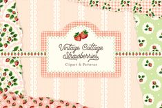 an image of strawberrys on pink and green striped paper with the words cottage cottage strawberries