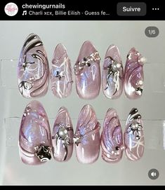 Aesthetic Nails Chrome, Gel Nails Charms, Nail Art Designs Chrome, Chrome And Pink Nails, Pink And Silver Aesthetic, Pink And Silver Nail Designs, Silver Pink Nails, Pink Korean Nails, Silver Chrome Nails Designs