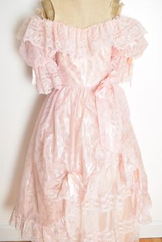 Pink Lace Fitted Ball Gown, Pink Ball Gown For Debutante Ball In Spring, Spring Pink Ball Gown For Quinceanera, Pink Ball Gown For Quinceanera Spring Season, Pink Ball Gown For Quinceanera Spring, Pink Victorian Ball Gown With Ruffles, Vintage Organza Prom Dress, Pink Lace Dress With Puff Sleeves, Vintage Pink Dress For Prom Season