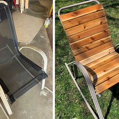 two pictures side by side one has a chair and the other has a lawn chair