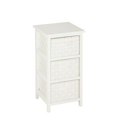 a white cabinet with two baskets on the bottom and one drawer in the middle, against a white background