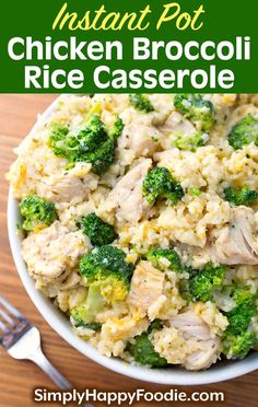 chicken broccoli rice casserole in a white bowl on a wooden table