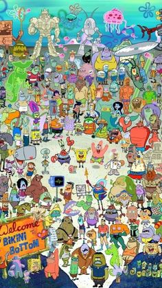 a large group of cartoon characters all grouped together