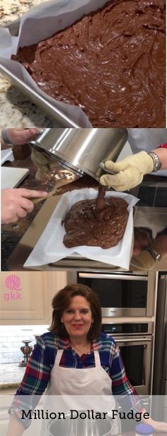 two pictures showing how to make chocolate fudges in the kitchen and on the stove