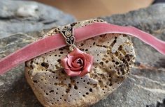 Ribbon Rose, Flower Charm Necklace, Velvet Collar, Dainty Choker, Light Pink Rose, Flower Choker, Choker Pendant, Rose Pastel, Rose Necklace