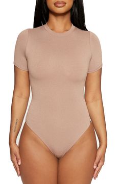 Sleek all-in-one style and breathable stretch jersey makes this T-shirt bodysuit a svelte option for all your warm-weather plans. Snap closure Crewneck Short sleeves Lined 95% viscose, 5% spandex Hand wash, line dry Imported Women's Clothing Bodysuit Style, Shirt Bodysuit, Naked Wardrobe, Casual Loafers, Short Sleeve Bodysuit, Petite Maternity, Swimwear Tops, Jersey T Shirt, Hosiery