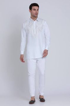 White shirt with resham patchwork embroidery in geometric pattern. - Aza Fashions Festive White Kurta With Geometric Embroidery, Bollywood Style White Resham Embroidered Fabric, Luxury White Kurta With Geometric Embroidery, White Resham Embroidered Tunic, White Embroidery Kurta For Men, Yoke Shirt, Diana Penty, Cocktail Reception, Luxury Sale