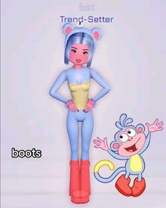 an animated cartoon character standing next to a monkey with its hands on her hips and the caption, trend - setter boots