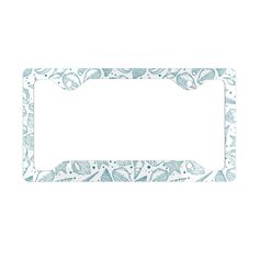 a blue and white license plate frame with leaves on it's side, in front of a white background