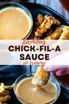 chicken - fila sauce in a glass bowl with dipping sauce on the side and fried wings