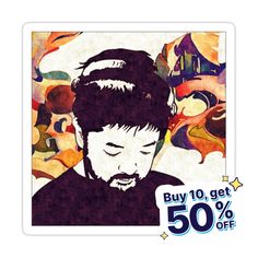 a man with headphones on is looking down at his face and the words buy 10 get 50 % off