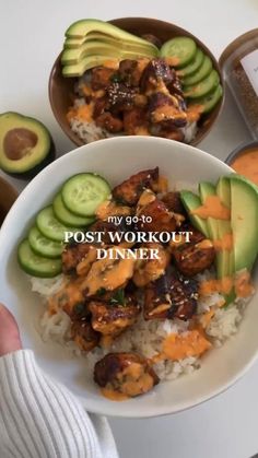 someone is holding a bowl with food in it and the words, my go - to post workout dinner