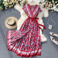 Bohemian, vintage maxi dress, printed, V-neck, short sleeves, tie up waist, cardigan beach dressMaterial:blendedStyle:bohemianFeatures:printed,maxiColor:blue,black,redSize(cm):free 1inch=2.54cmlength:125,bust:88,waist:loose&ltp&gtNote:Due to different measurement methods,there will be 1-3 error(unite:cm), please understand.</p>&ltbr/>&ltp&gtPlease check the size carefully when you choose items,thank you.</p>&ltbr/> Red Boho Print V-neck Maxi Dress, Bohemian V-neck Rayon Maxi Dress, Beach Rayon Maxi Dress With Tie Waist, Bohemian Printed Boho Dress With Short Sleeves, Bohemian Boho Dress With Short Sleeves, Bohemian Boho Dress With Printed Short Sleeves, Vintage Boho Printed Dress For Vacation, Bohemian Boho Dress With Short Sleeves And Print, Surplice Neckline Maxi Dress With Tie Waist For Vacation