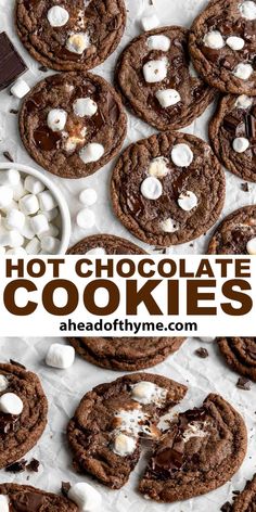 hot chocolate cookies with marshmallows on top and in the middle, one cookie has been cut open