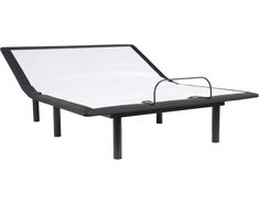 an adjustable bed frame with a white sheet on the bottom and black legs, in front of a white background