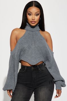 Available In Black And Grey. Cold Shoulder Sweater Long Sleeve Balloon Sleeve Turtleneck Ribbed Hem Cropped 100% Acrylic Imported | Karasi Cold Shoulder Sweater in Grey size Small by Fashion Nova Trendy Gray Crop Top For Fall, Cropped Gray Tops For Fall, Cropped Off The Shoulder Sweater, Gray Cropped Top For Winter, Stretch Ribbed Off-shoulder Sweater, Solid Stretch Off-shoulder Sweater, Black Stretch Off-shoulder Sweater, Cardigan Sweater Coat, Cold Shoulder Sweater