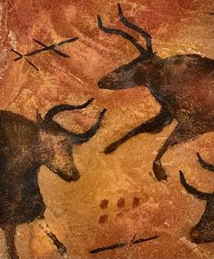 Bull images from the Lascaux Cave of France, painted nearly 20,000 years ago. The bulls, symbols, and other markings all are derived from images within the cave.  My cave-inspired paintings are based on prehistoric images found in caves in France and Spain, many dating back 37,000 years. I've studied these remarkable and mysterious images for years, fascinated by the way shaman artists captured the spirit of Paleolithic beasts who shared their world. My artwork features unique backgrounds of tex Stone Age Cave Paintings, Lascaux Cave Paintings, Prehistoric Painting, Prehistoric Cave Paintings, Paleolithic Art, Painted Rock Cactus, Paleolithic Era, Cave Drawings, Navajo Art