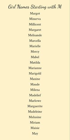 a list of names on a sheet of paper with the words girl names starting with m