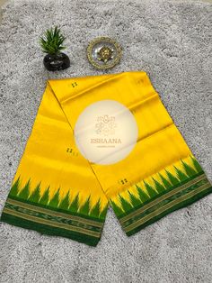 🌟 Exclusive Odisha Ikkat Pure Silk Saree 🌟 Color: Yellow and Green combination Blouse: Not  Included 💖 Please note, these sarees are meticulously handwoven by our talented artisans. Your support means a lot to them! ❤️ NOTE: Slight color variations may occur due to camera resolution. Traditional Yellow Raw Silk Pre-draped Saree, Yellow Handloom Pre-draped Saree For Navratri, Traditional Yellow Paithani Silk Pre-draped Saree, Green Silk Saree With Weaving Work, Yellow Paithani Silk Pre-draped Saree With Cutdana, Yellow Silk Traditional Wear With Handloom Details, Ceremonial Silk Saree With Cutdana, Yellow Handloom Silk Saree, Yellow Handloom Traditional Wear For Ceremonial Use