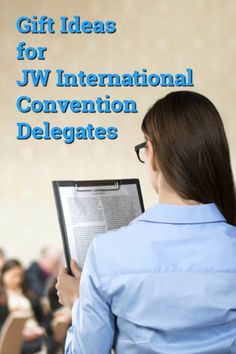 a woman reading a book with the title gift ideas for jw international convention delegates