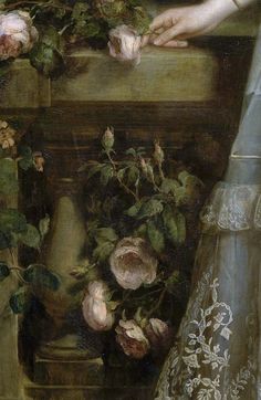 a painting of a vase with flowers in it and a hand reaching for the flower