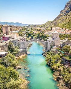 an aerial view of the old bridge, mostar and hercegovania