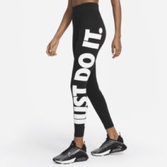 Nwot Women's Nike Sportswear Essential High-Waisted Leggings Blk (Cz8534-010) Xs Sporty Pants With Logo Print For Sports, Sporty Black Pants With Logo Print, Black Athleisure Pants With Logo Waistband, White Stretch Bottoms With Logo Waistband, Nike High Stretch Moisture-wicking Bottoms, Nike Moisture-wicking High-stretch Bottoms, Sporty Compression Bottoms For Streetwear, Moisture-wicking Medium Support Bottoms, Nike Sporty Leggings For Gym