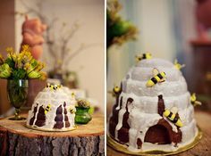 four different pictures of cakes with frosting and decorations on them, including a cake in the shape of a beehive