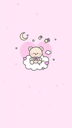 a pink wallpaper with a teddy bear sitting on top of a cloud