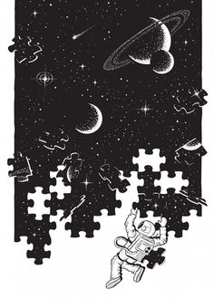 an astronaut floating in the sky with puzzle pieces surrounding him