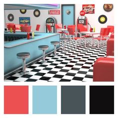 the interior of a diner with checkered flooring and red chairs, blue walls, and coca - cola machines