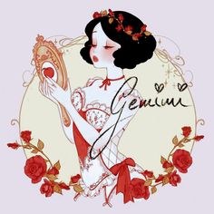 a drawing of a woman holding a mirror with roses around her and the words genius written on it