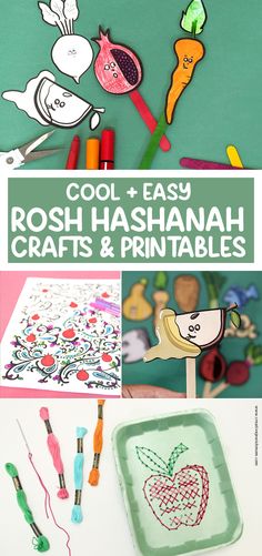 collage of photos with the words cool easy rosh hashah crafts and printables