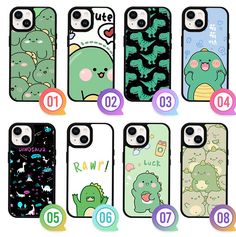 an assortment of phone cases with different designs and numbers on them, all in various colors