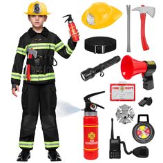 a fireman with tools and equipment on a white background