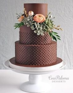 a three tiered chocolate cake with succulents and flowers